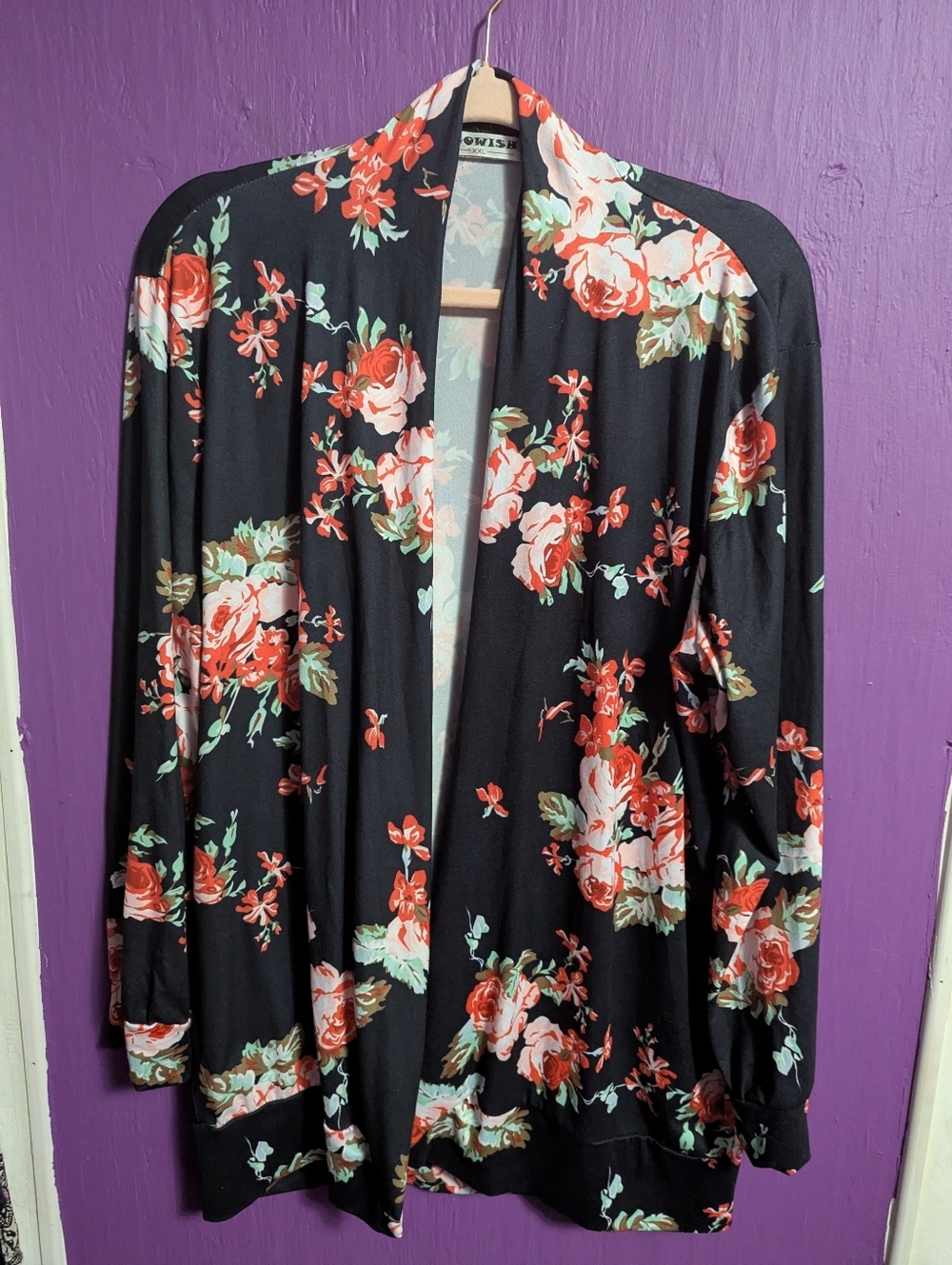 💜 Ecowish Black Red Pink Floral Soft Open Front Cardigan XXL 18 *FLAW Pin Hole